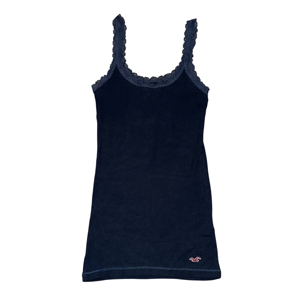 Hollister Lace Trim Cami Tank Top Women Small Navy Blue Good Ribbed Seagull Logo